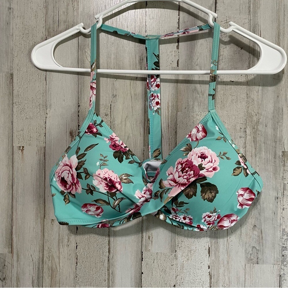 Teal Floral Print Bikini Top‎ Racerback Push Up Padded Size M